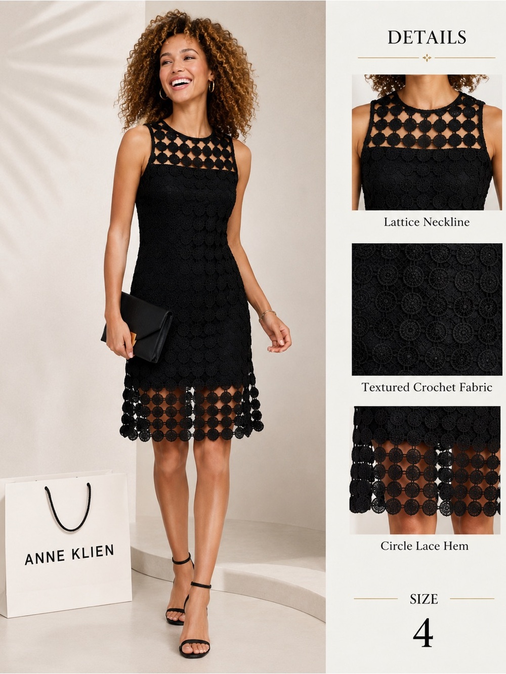 Anne Klein Black Crochet Lattice Sheath Dress